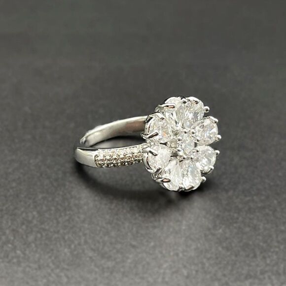 925 Sterling Silver with White Diamond Cubic Zirconia Flower Ring Size 10 - Picture 8 of 11